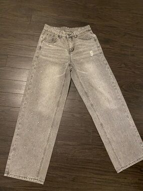 Missguided Light Gray Straight-Leg Jeans with Stud Details
